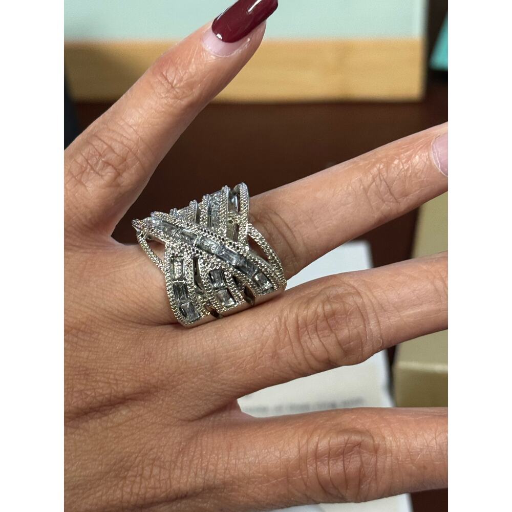 Sterling Silver 925 CZ Glamorous Cocktail Statement Ring Size 9.5 Art deco